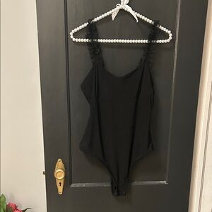 Black Ruffled Strap Bodysuit